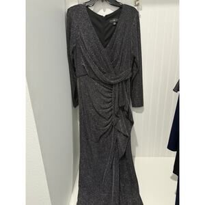 Betsy & Adam Metallic Long Sleeve Ruffle Side Slit Gown